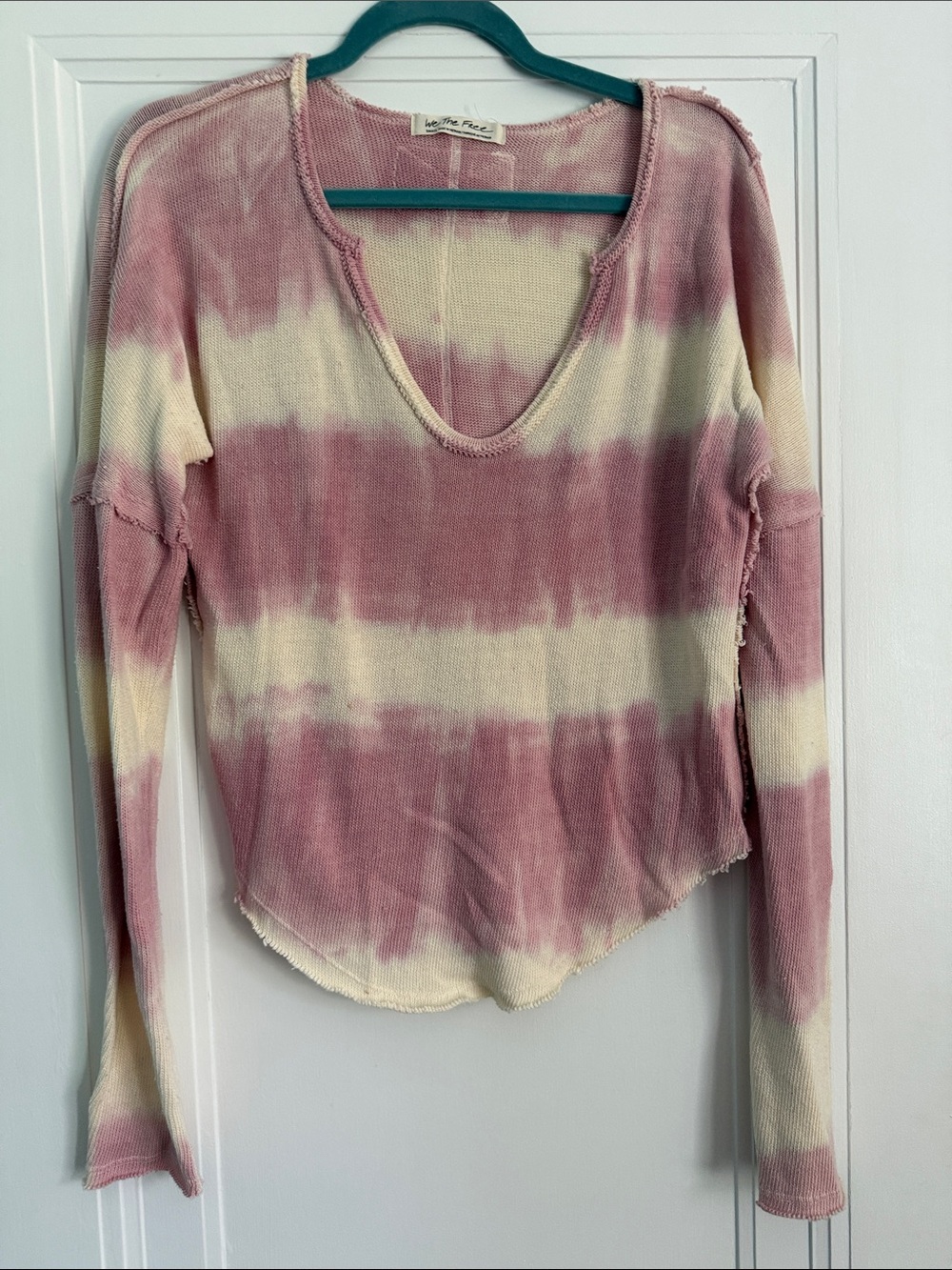 Free People Pink and Cream Striped Tie-Dye Long Sleeve Top